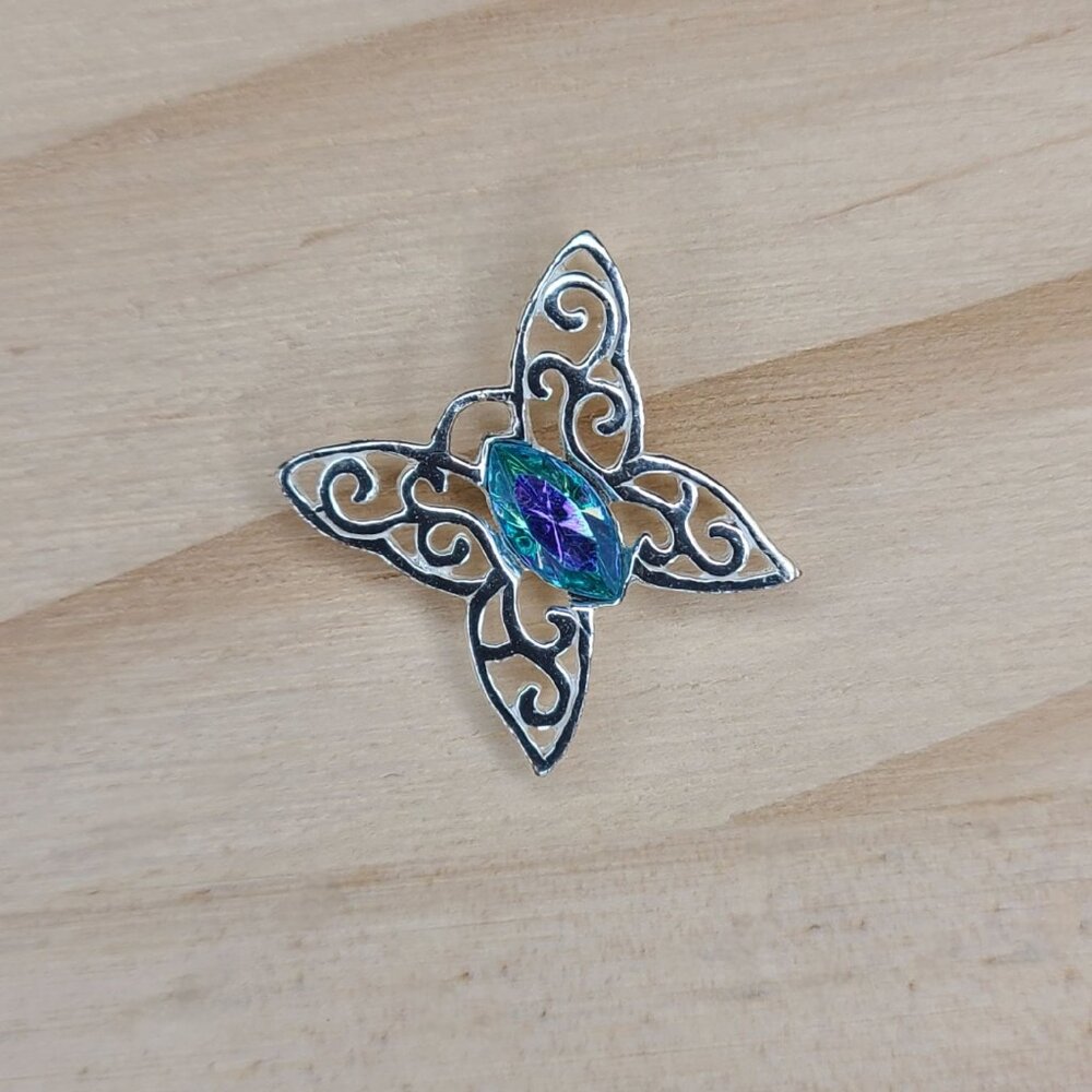Vtg Sterling Silver Butterfly Marquise-Cut Aurora Borealis Crystal Pendant 0.5" - Picture 3 of 7